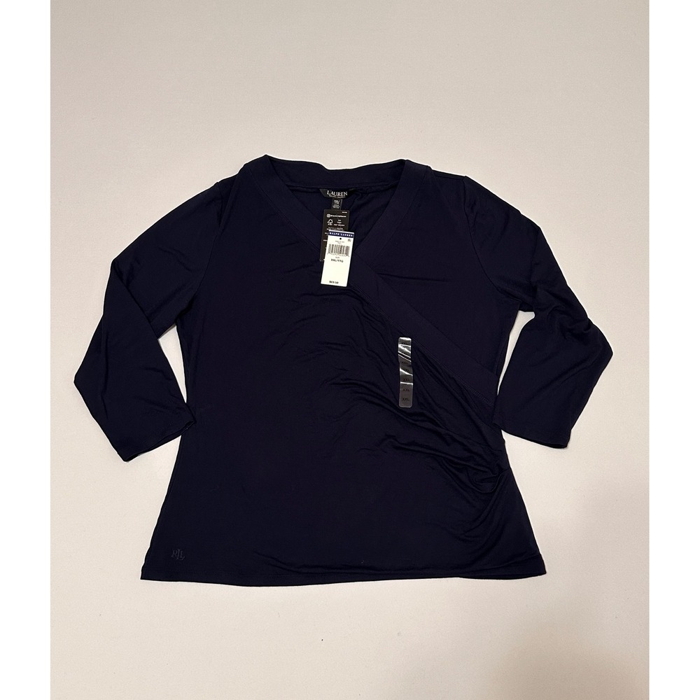 Lauren Ralph Lauren Navy Blue Surplice Faux Wrap Top XXL 3/4 Sleeve Ruched